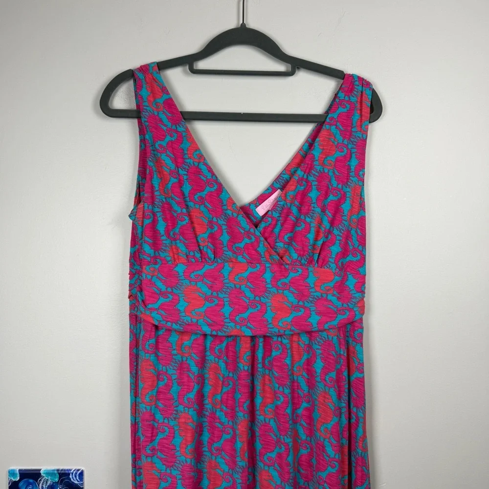 Lilly Pulitzer SLOANE Pink Blue Seahorse Print Maxi Dress Medium Cotton Nautical - Picture 6 of 10